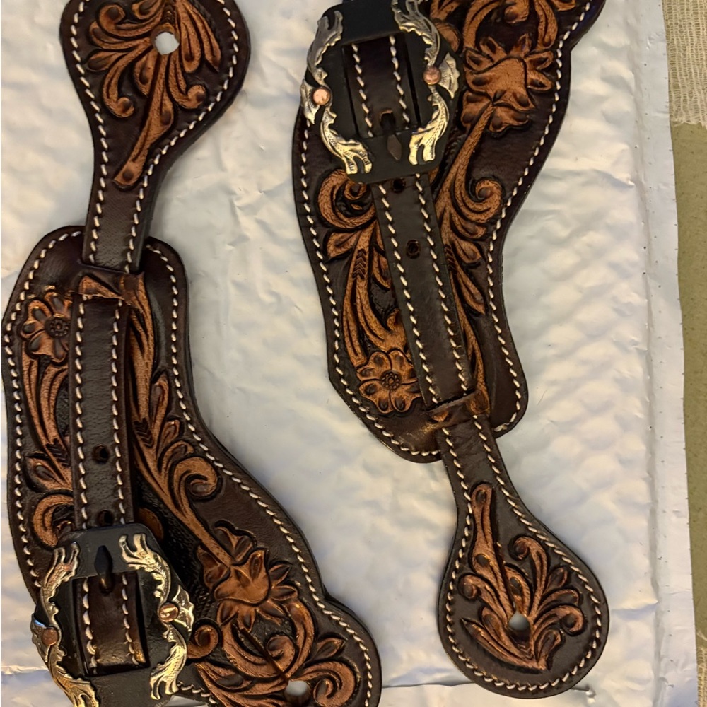 Brown Leather Western adult size leather spur straps with custom buckles